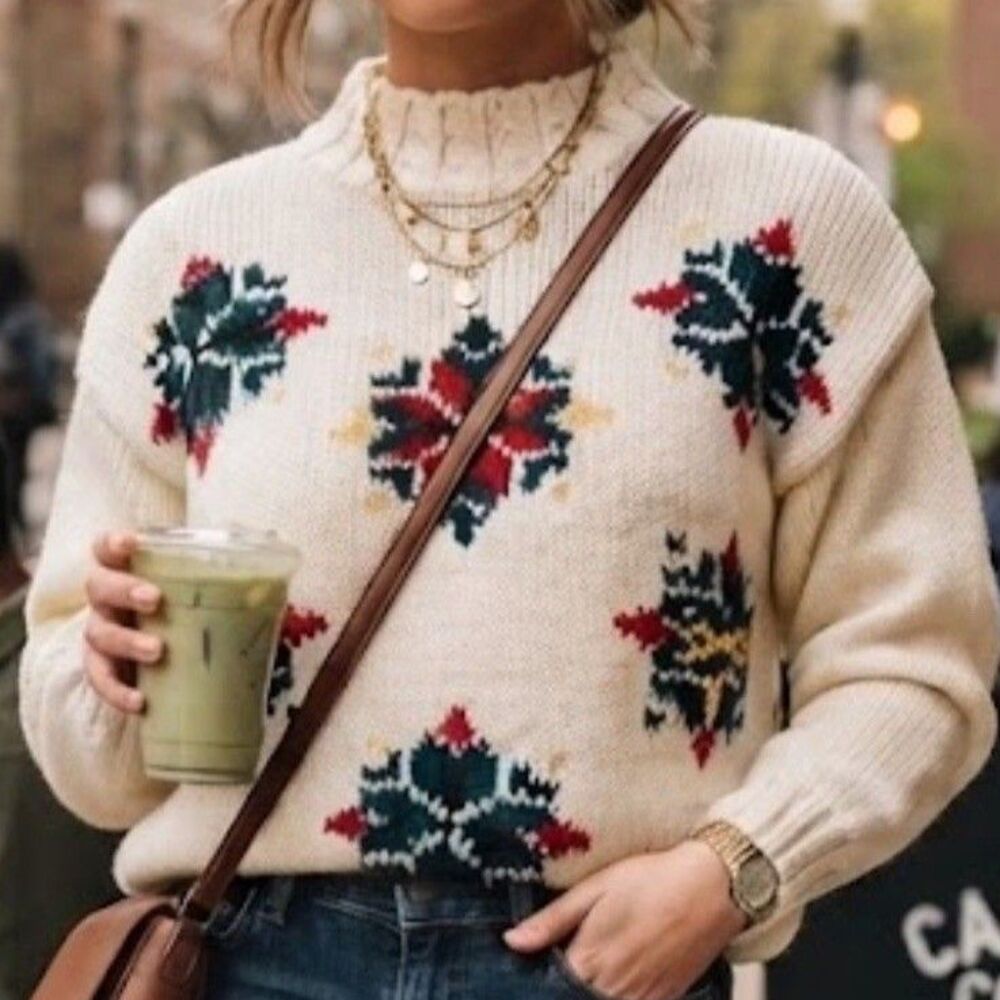 Vintage Fair Isle Snowflake Mock Neck Ivory HandKnit Sweater Retro 80s 90s Ski M